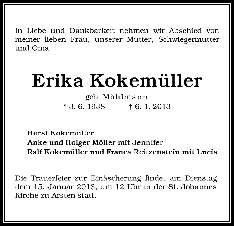Traueranzeige von Erika Kokemüller von WESER-KURIER