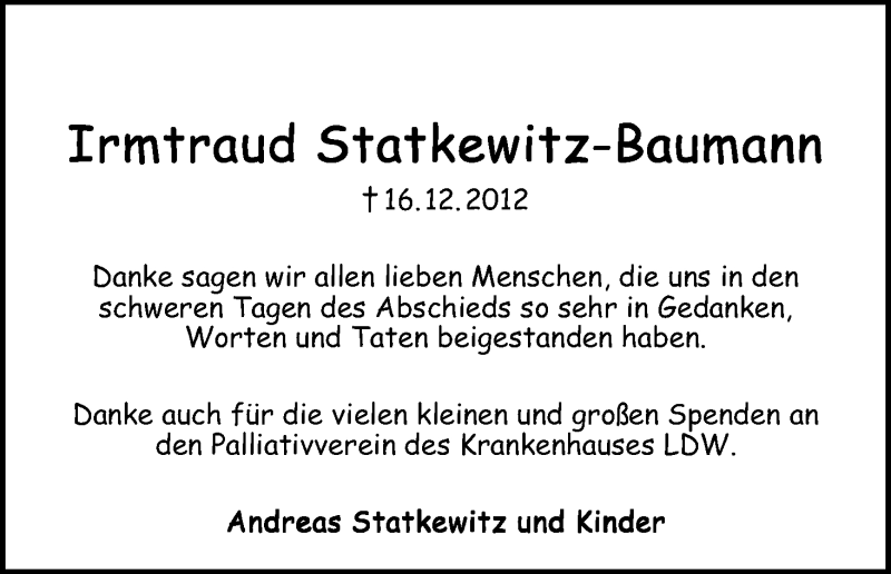 Traueranzeige von Irmtraud  Statkewitz-Baumann von WESER-KURIER
