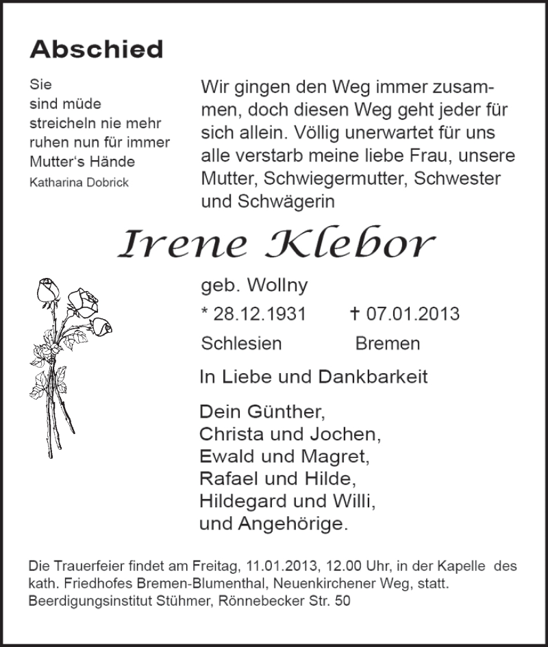  Traueranzeige für Irene Klebor vom 10.01.2013 aus WESER-KURIER