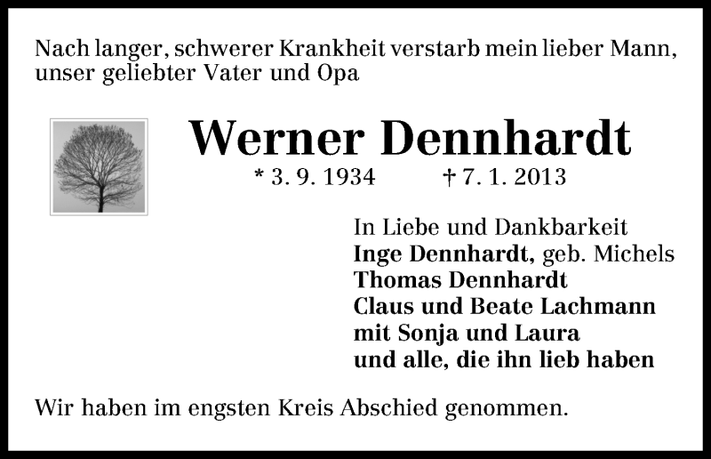 Traueranzeige von Werner Dennhardt von WESER-KURIER