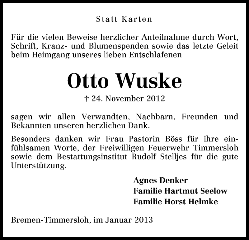  Traueranzeige für Otto Wuske vom 12.01.2013 aus WESER-KURIER