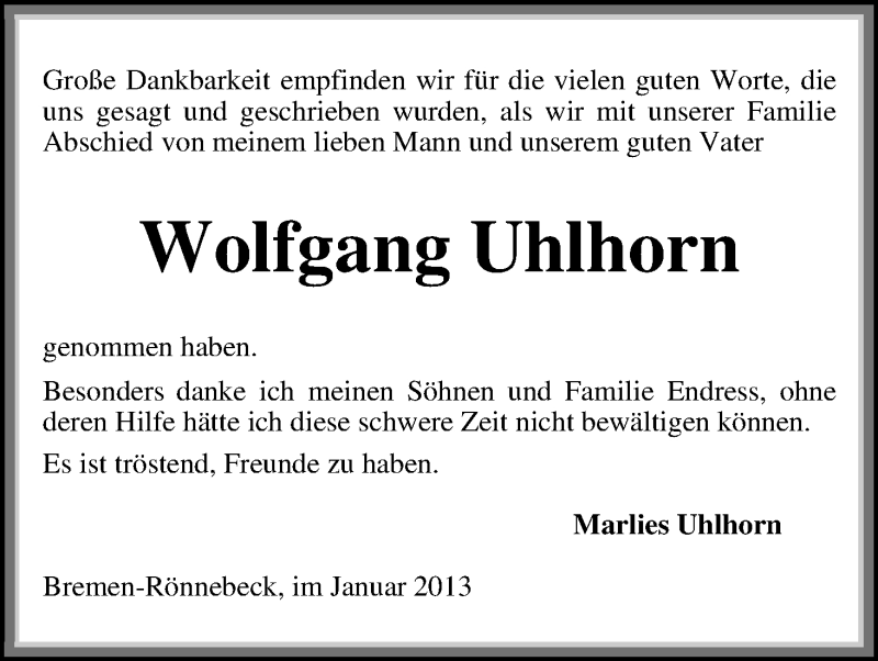  Traueranzeige für Wolfgang Uhlhorn vom 12.01.2013 aus WESER-KURIER
