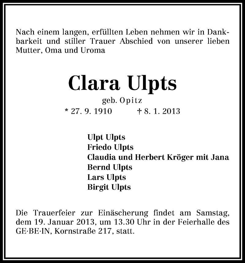 Traueranzeige von Clara Ulpts von WESER-KURIER