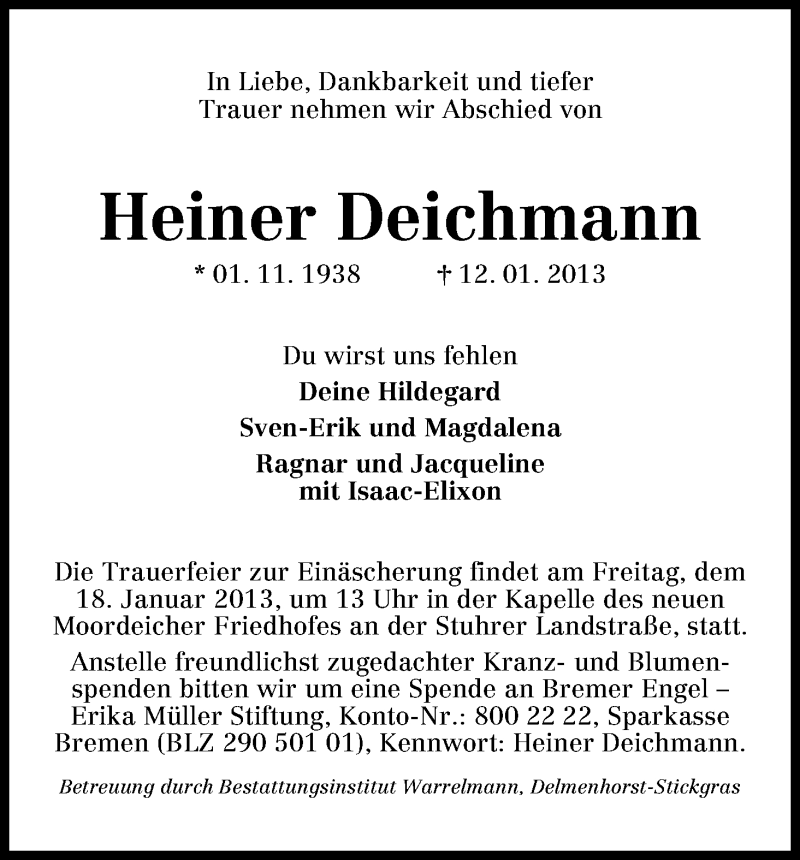 Heiner Deichmann | Trauer & Gedenken