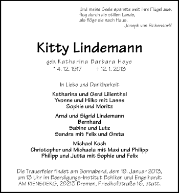 Traueranzeige von Kitty Lindemann