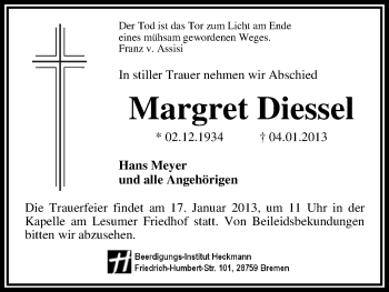 Traueranzeige von Margret Diessel