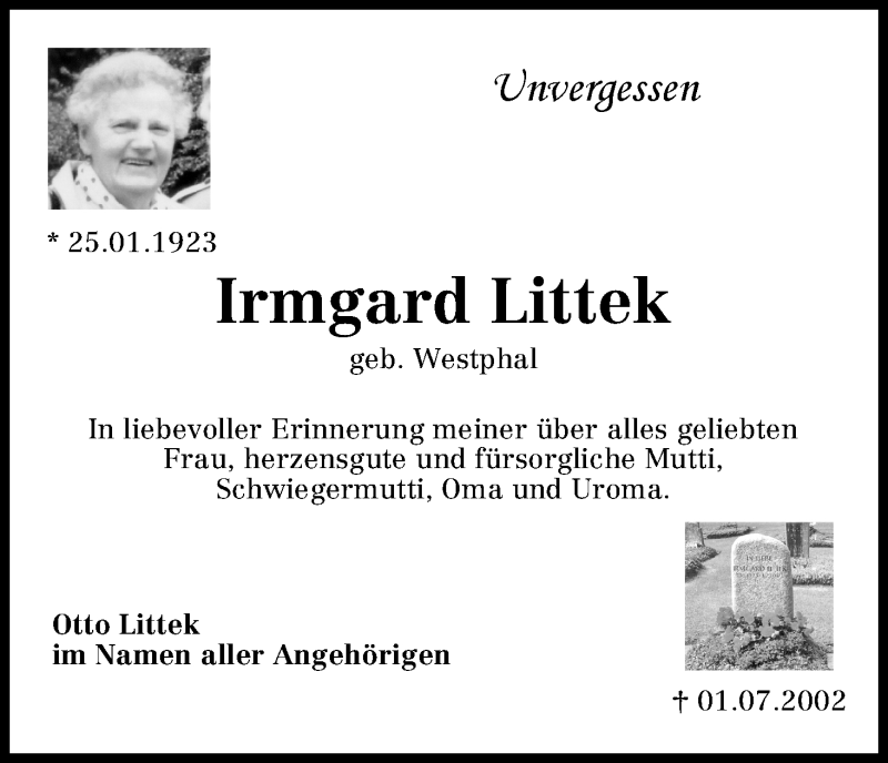 Traueranzeige von Irmgard Littek von WESER-KURIER