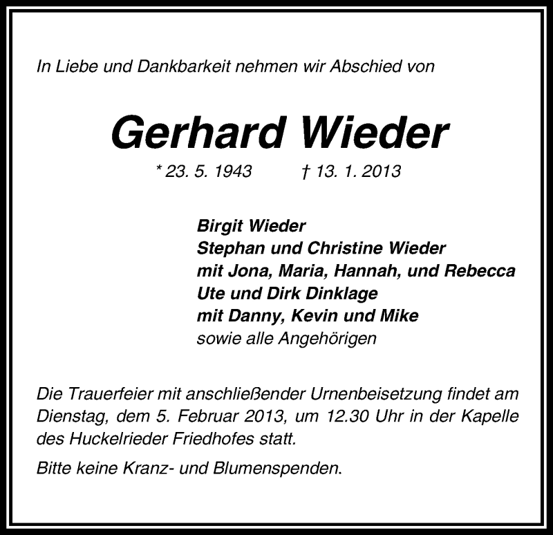 Traueranzeige von Gerhard Wieder von WESER-KURIER