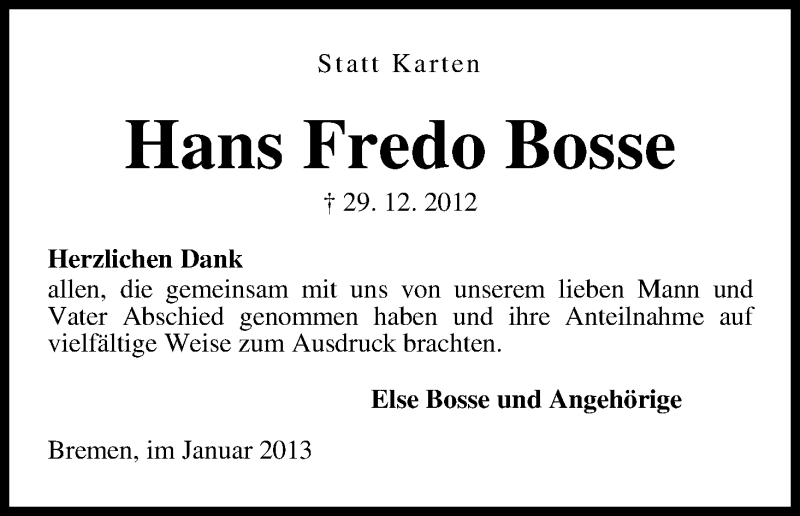 Traueranzeige von Hans Fredo Bosse von WESER-KURIER