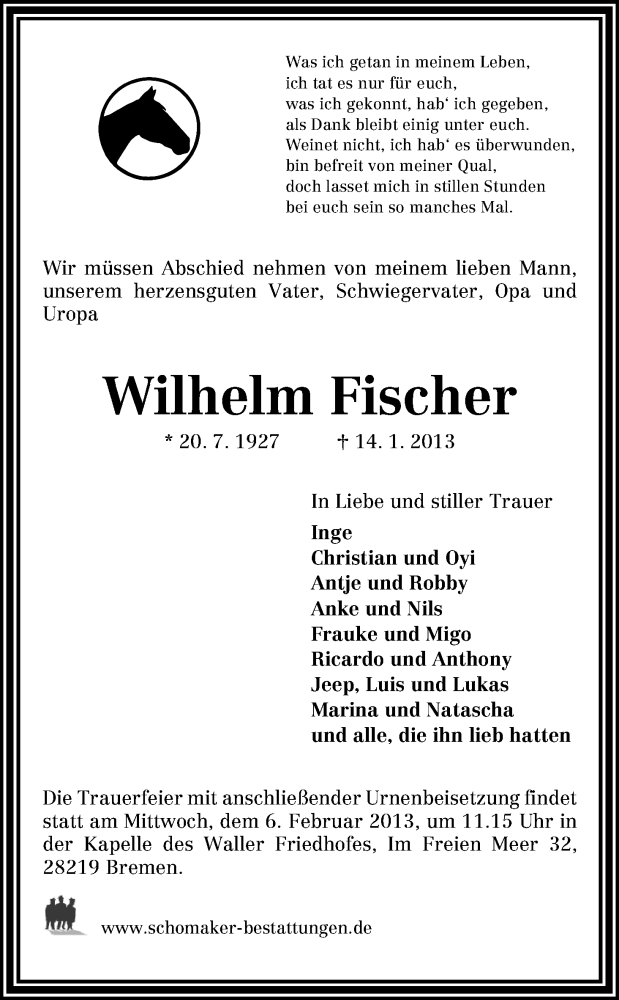  Traueranzeige für Wilhelm Fischer vom 26.01.2013 aus WESER-KURIER