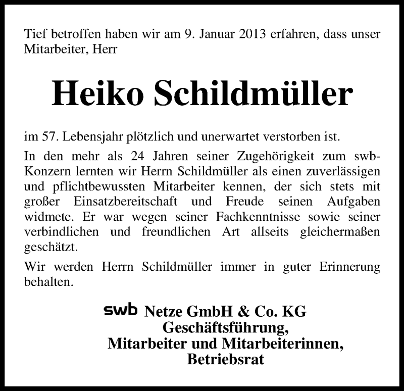 Traueranzeige von Heiko Schildmüller von WESER-KURIER