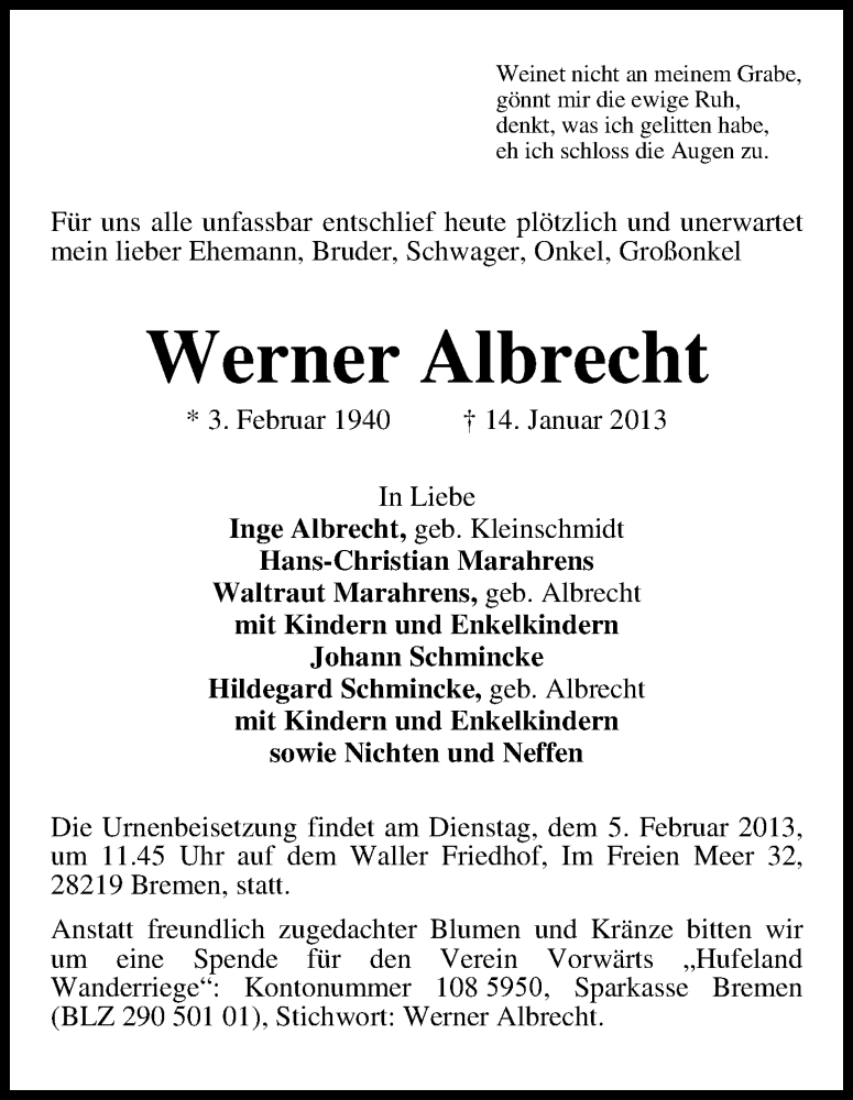  Traueranzeige für Werner Albrecht vom 26.01.2013 aus WESER-KURIER