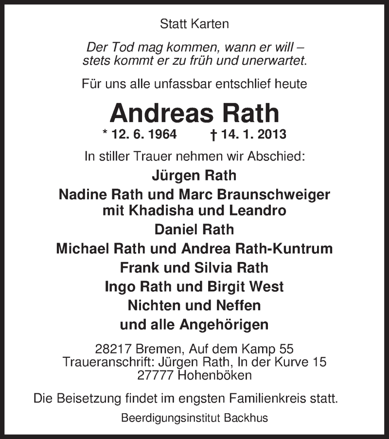  Traueranzeige für Andreas Rath vom 18.01.2013 aus WESER-KURIER