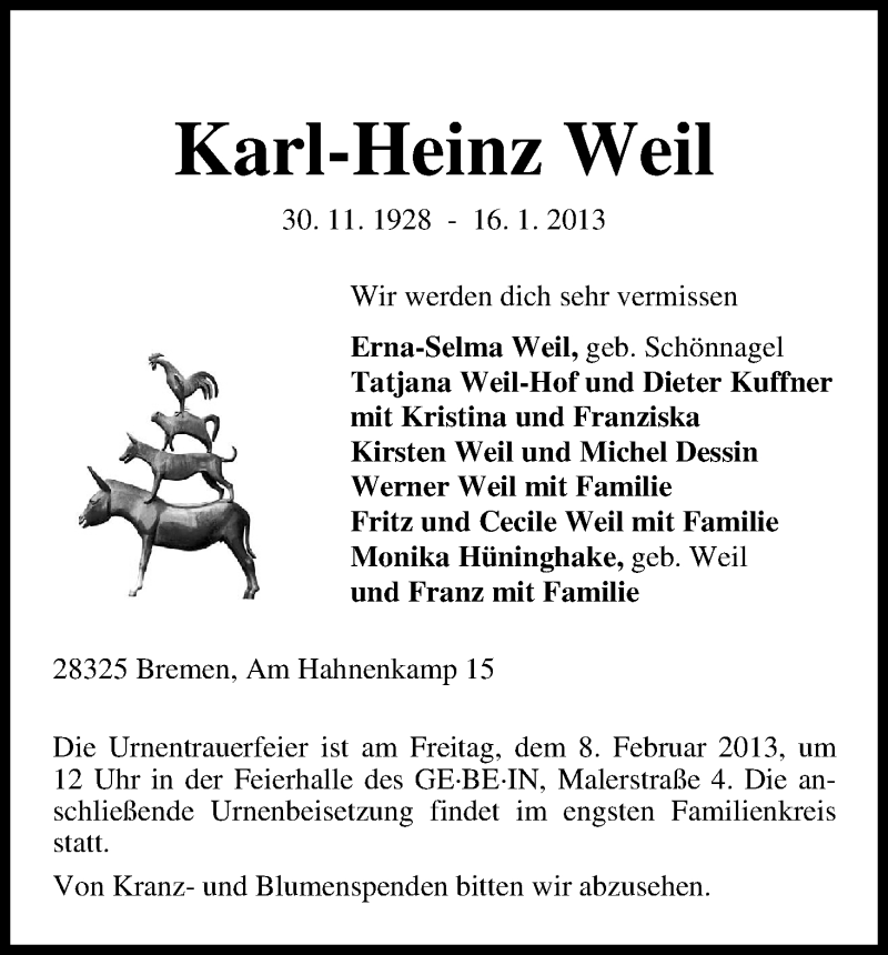 Traueranzeige von Karl-Heinz Weil von WESER-KURIER