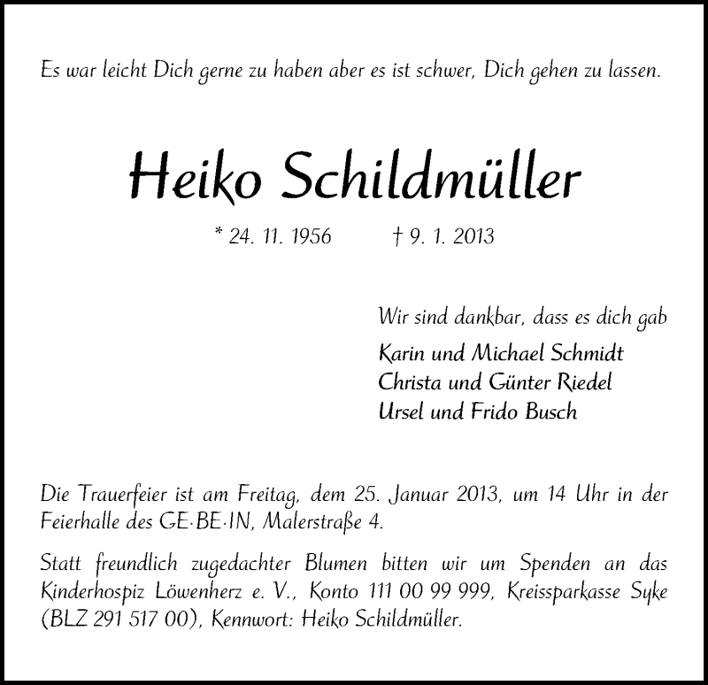 Traueranzeige von Heiko Schildmüller von WESER-KURIER