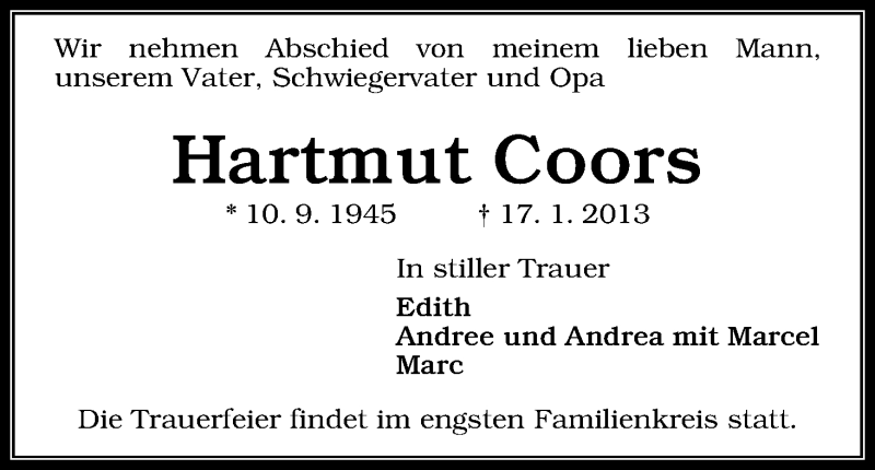 Traueranzeige von Hartmut Coors von WESER-KURIER
