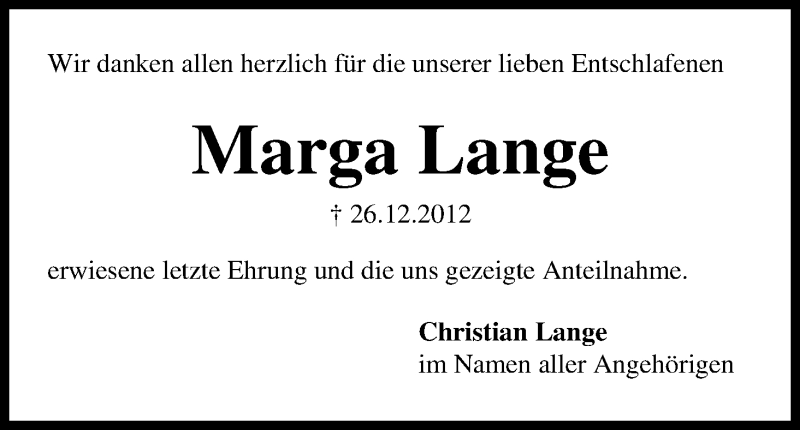 Traueranzeige von Marga Lange von WESER-KURIER