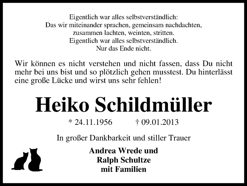 Traueranzeige von Heiko Schildmüller von WESER-KURIER