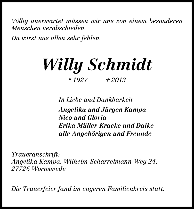 Traueranzeige von Willy Schmidt von WESER-KURIER