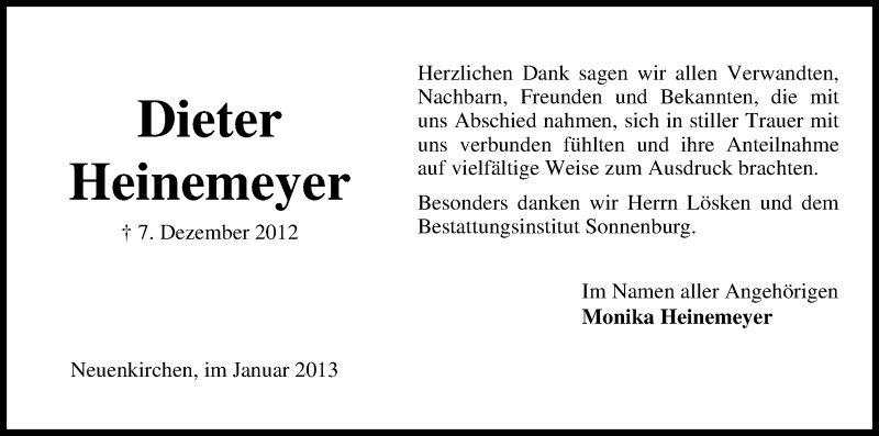 Traueranzeige von Dieter Heinemeyer von WESER-KURIER