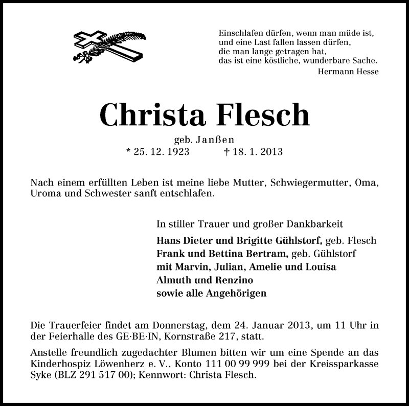 Traueranzeige von Christa Flesch von WESER-KURIER