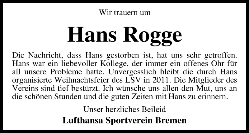 Traueranzeige von Hans Rogge von WESER-KURIER