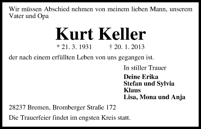 Traueranzeige von Kurt Keller von WESER-KURIER