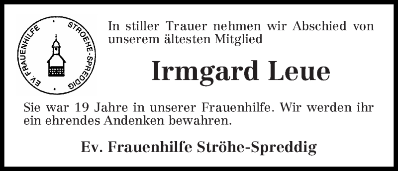 Traueranzeige von Irmgard Leue von Osterholzer Kreisblatt