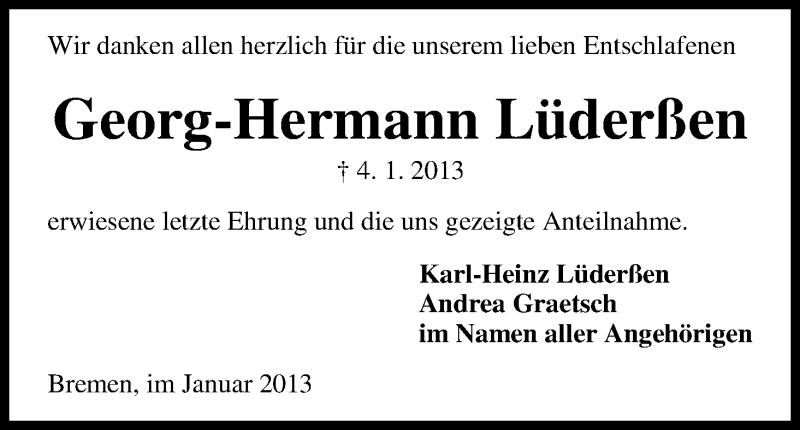 Traueranzeige von Georg-Hermann  Lüderßen von WESER-KURIER