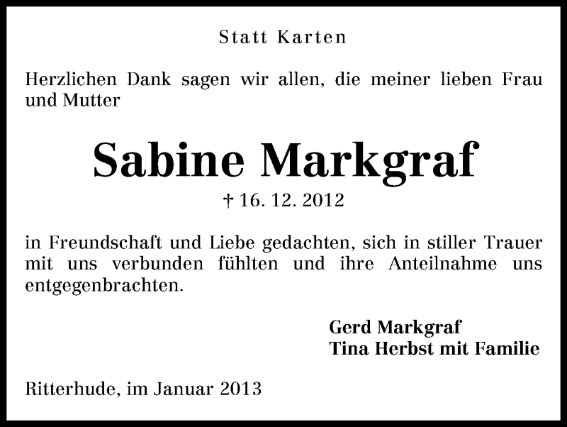  Traueranzeige für Sabine Markgraf vom 23.01.2013 aus WESER-KURIER