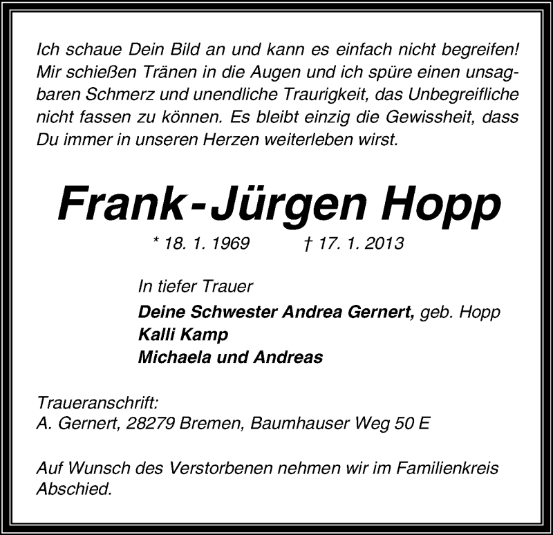 Traueranzeige von Frank-Jürgen Hopp von WESER-KURIER