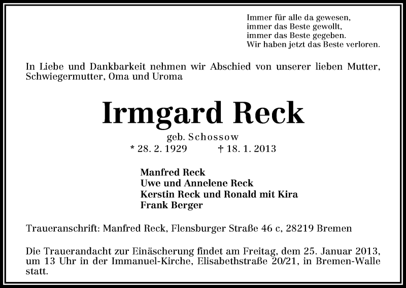 Traueranzeige von Irmgard Reck von WESER-KURIER