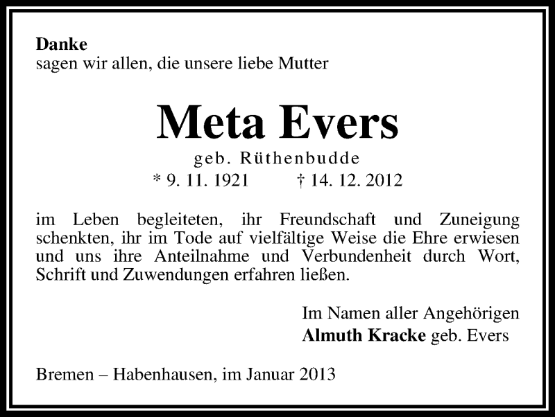 Traueranzeige von Meta Evers von WESER-KURIER
