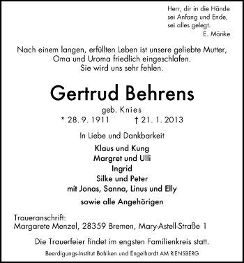 Traueranzeige von Gertrud Behrens