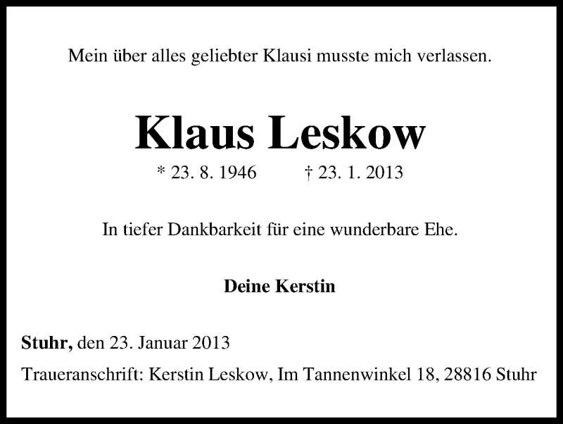  Traueranzeige für Klaus Leskow vom 26.01.2013 aus WESER-KURIER
