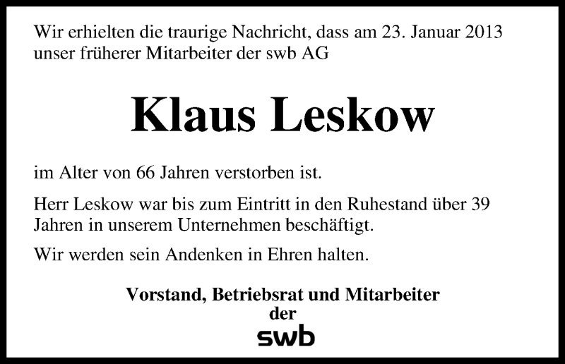  Traueranzeige für Klaus Leskow vom 26.01.2013 aus WESER-KURIER