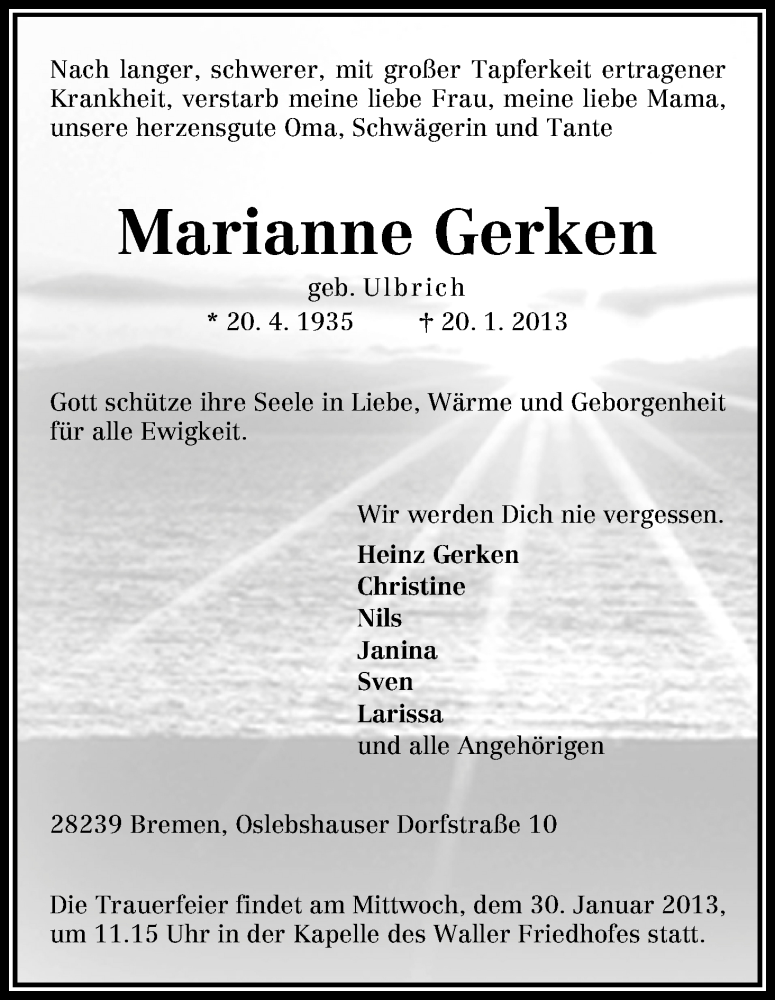 Traueranzeige von Marianne Gerken von WESER-KURIER