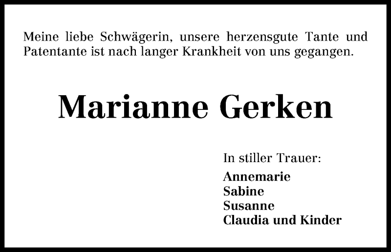 Traueranzeige von Marianne Gerken von WESER-KURIER