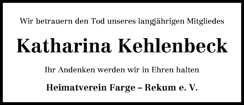 Traueranzeige von Katharina Kehlenbeck von WESER-KURIER