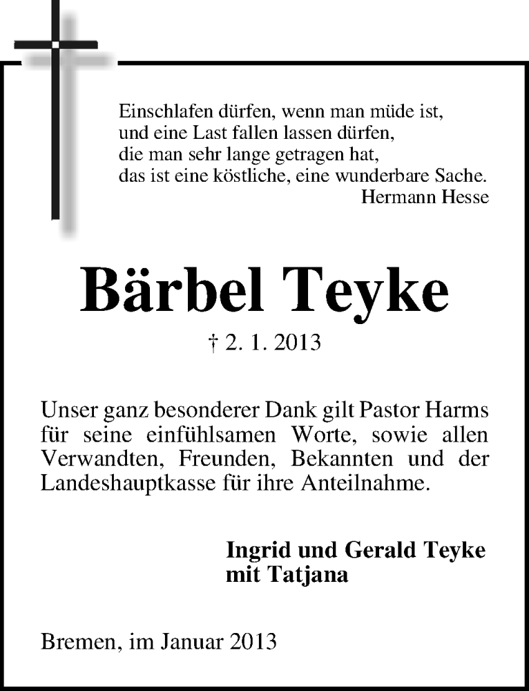 Traueranzeige von Bärbel Teyke von WESER-KURIER