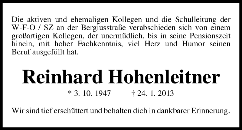  Traueranzeige für Reinhard Hohenleitner vom 02.02.2013 aus WESER-KURIER
