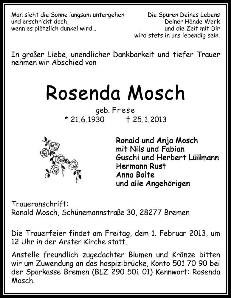 Traueranzeige von Rosenda Mosch von WESER-KURIER