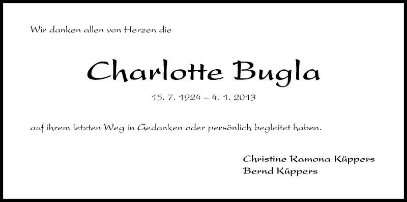 Traueranzeige von Charlotte Bugla von WESER-KURIER