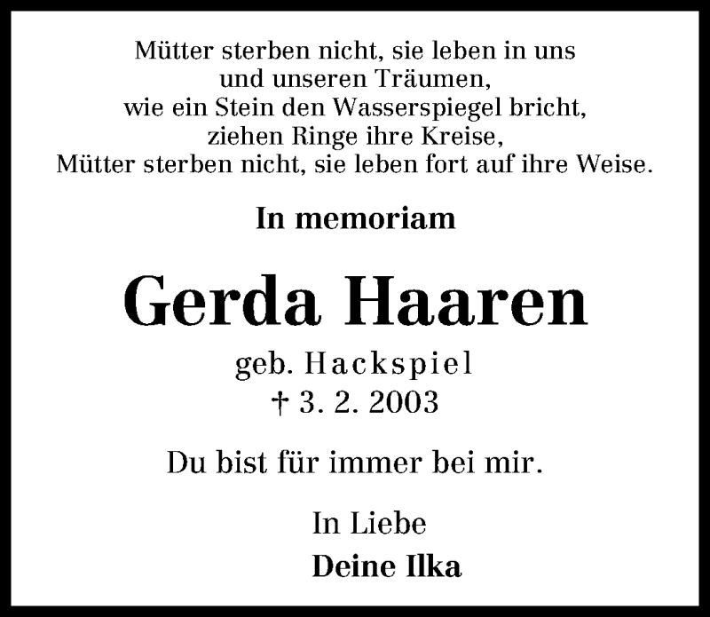 Traueranzeige von Gerda Haaren von WESER-KURIER