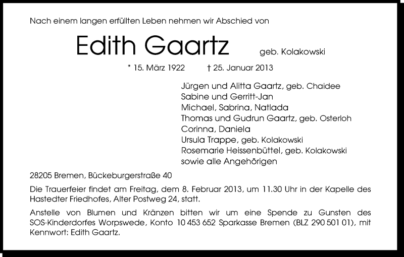  Traueranzeige für Edith Gaartz vom 02.02.2013 aus WESER-KURIER
