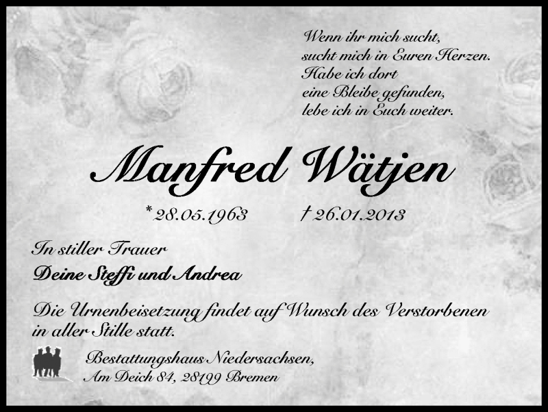  Traueranzeige für Manfred Wätjen vom 02.02.2013 aus WESER-KURIER