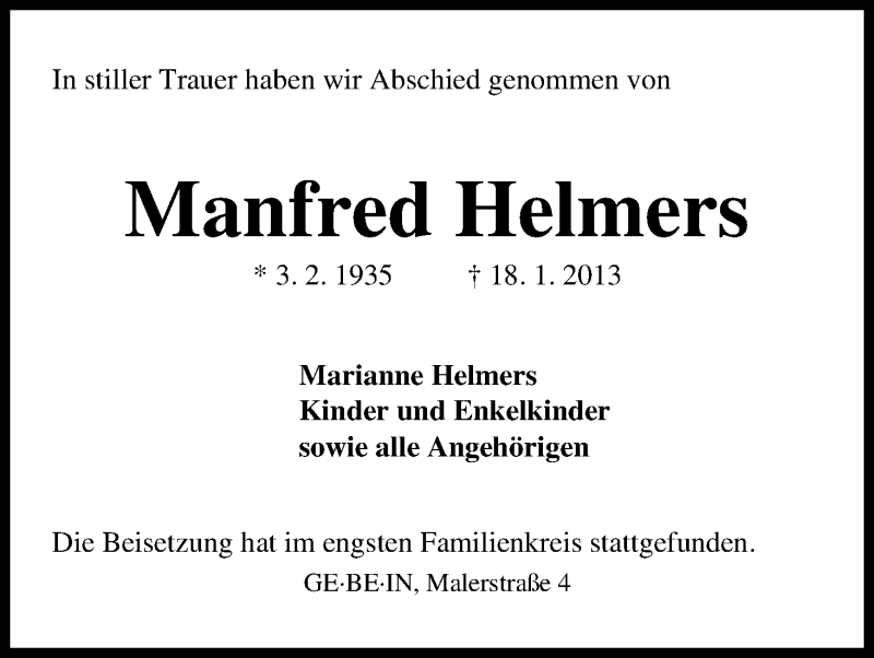 Traueranzeige von Manfred Helmers von WESER-KURIER
