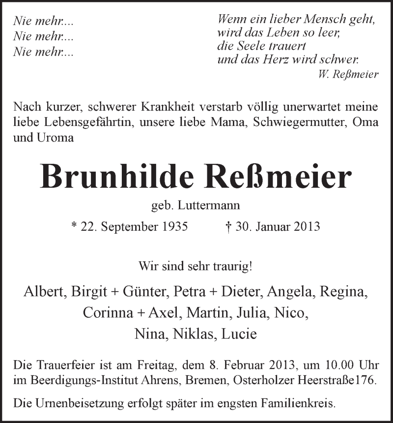  Traueranzeige für Brunhilde Reßmeier vom 02.02.2013 aus WESER-KURIER