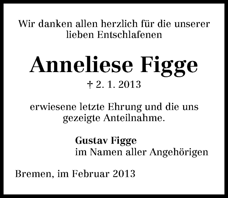 Traueranzeige von Anneliese Figge von WESER-KURIER