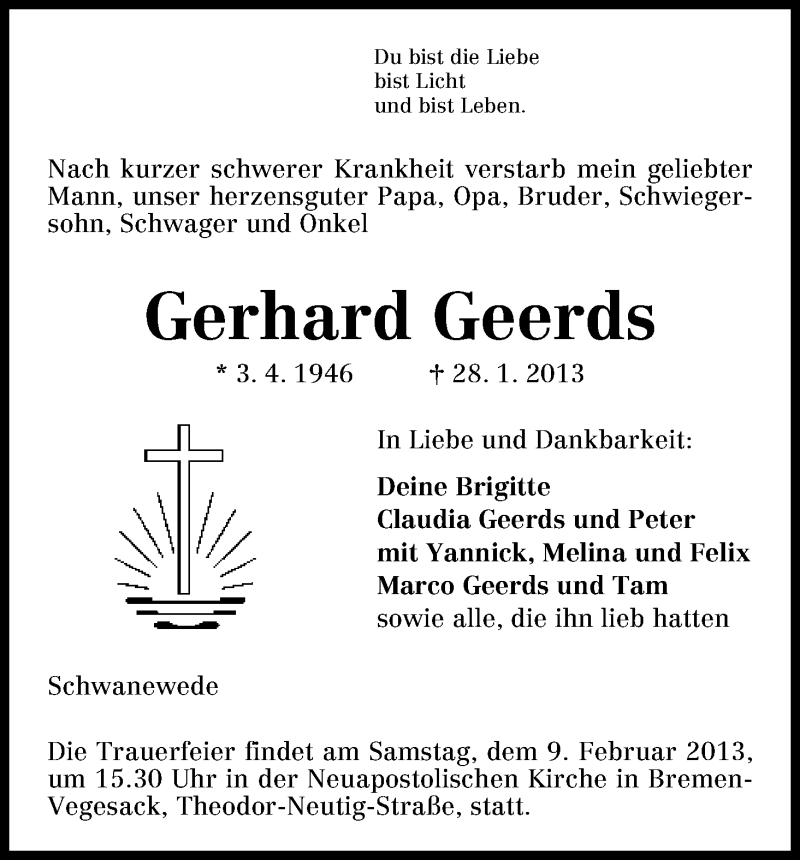 Traueranzeige von Gerhard Geerds von WESER-KURIER